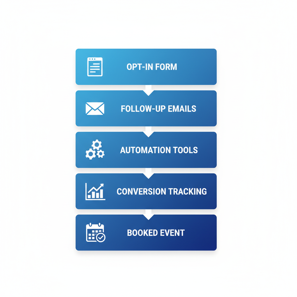 Vertical process flow diagram illustrating key steps in restaurant catering funnel systems from opt-in to booked events