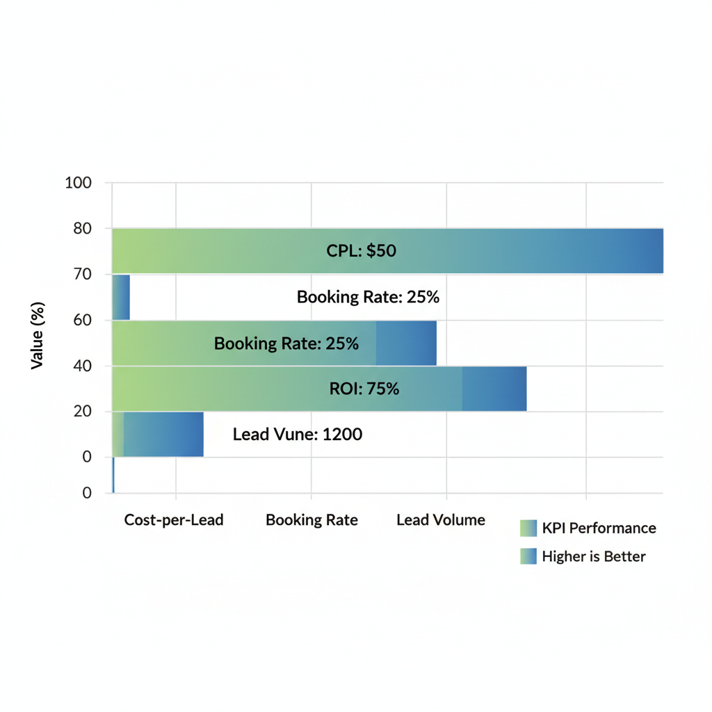 Horizontal bar chart displaying KPIs for catering marketing: Cost-per-Lead, Booking Rate, ROI, and Lead Volume with sample values.