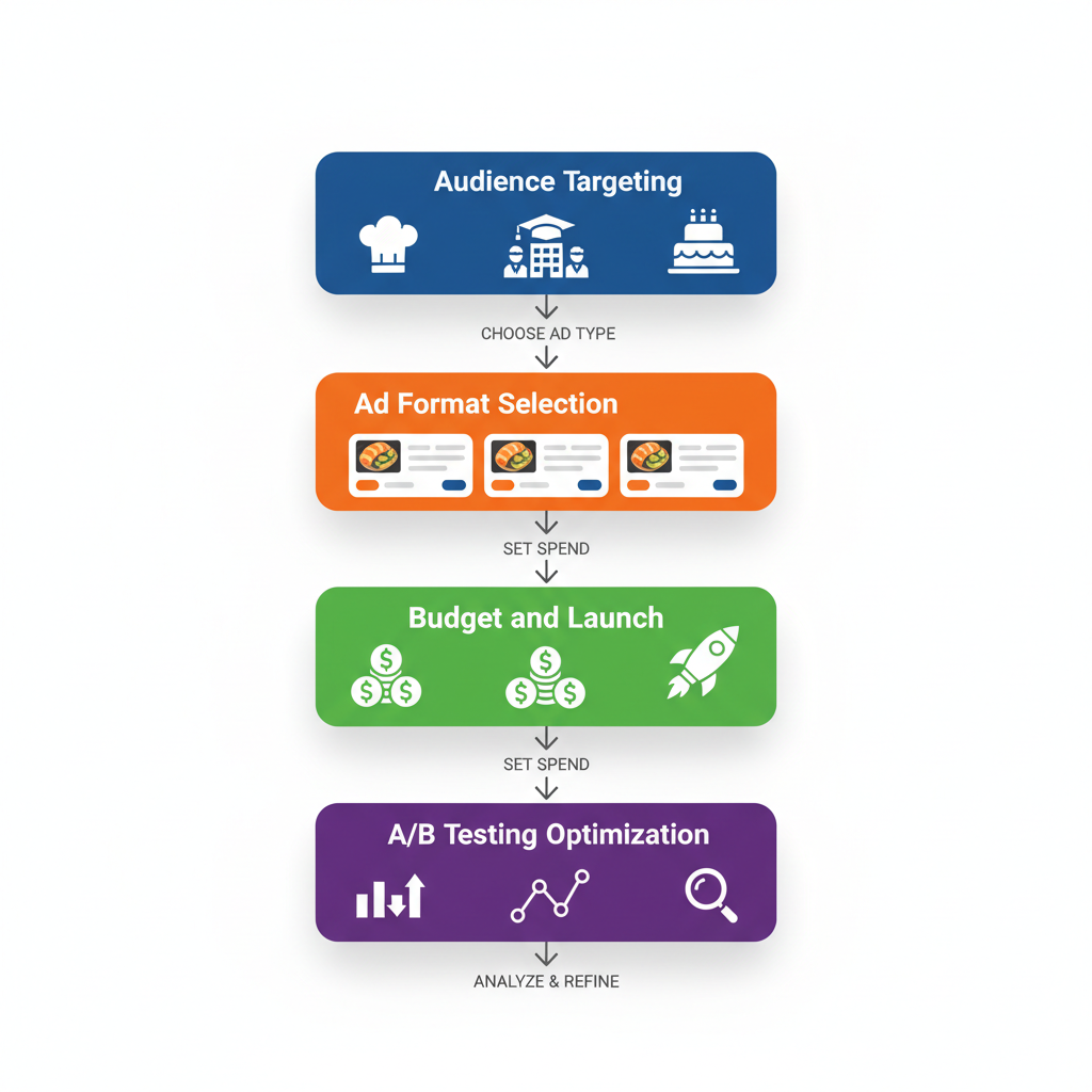 Vertical process flow diagram showing four stages of setting up social media ads for catering marketing with icons and color-coded boxes.
