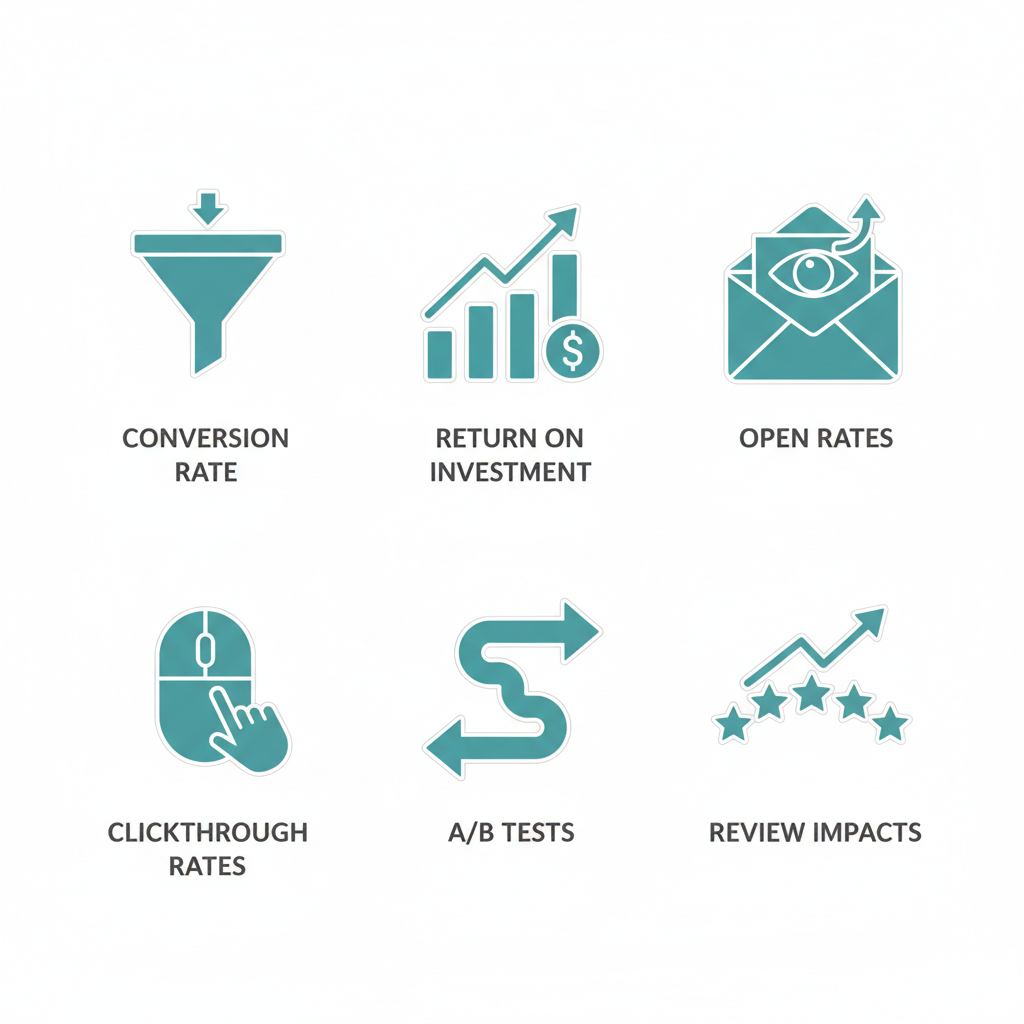 Grid of analytics icons for catering marketing metrics including conversion, ROI, and reviews