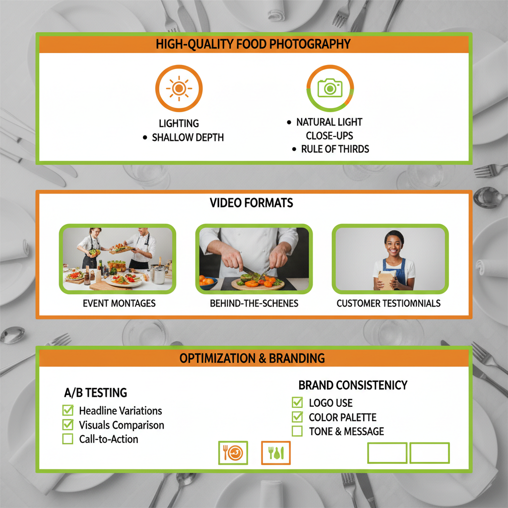 Infographic showing tips for compelling visual ads in catering: photography, video, and testing elements.