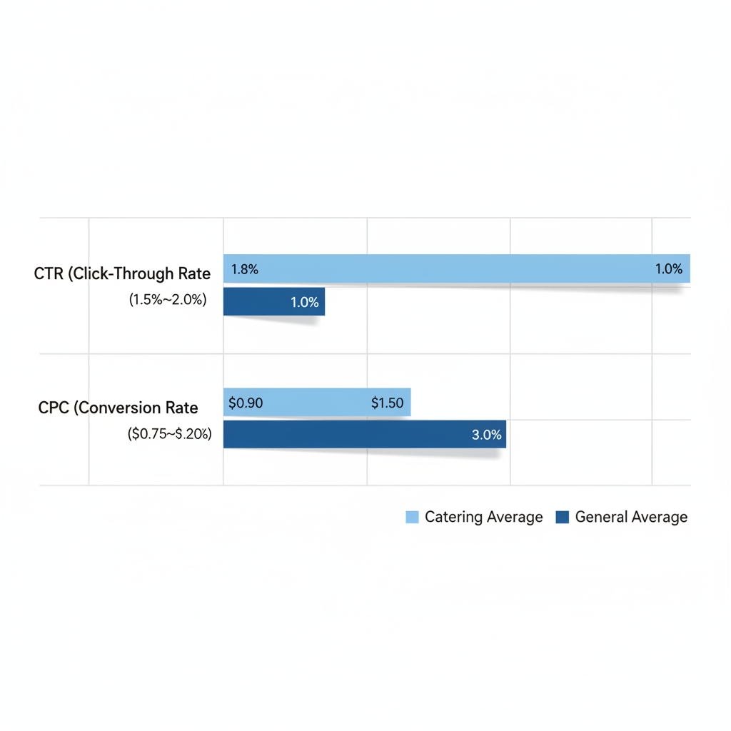 Horizontal bar chart of Facebook ad benchmarks for catering, showing CTR, CPC, and conversion rates compared to industry averages