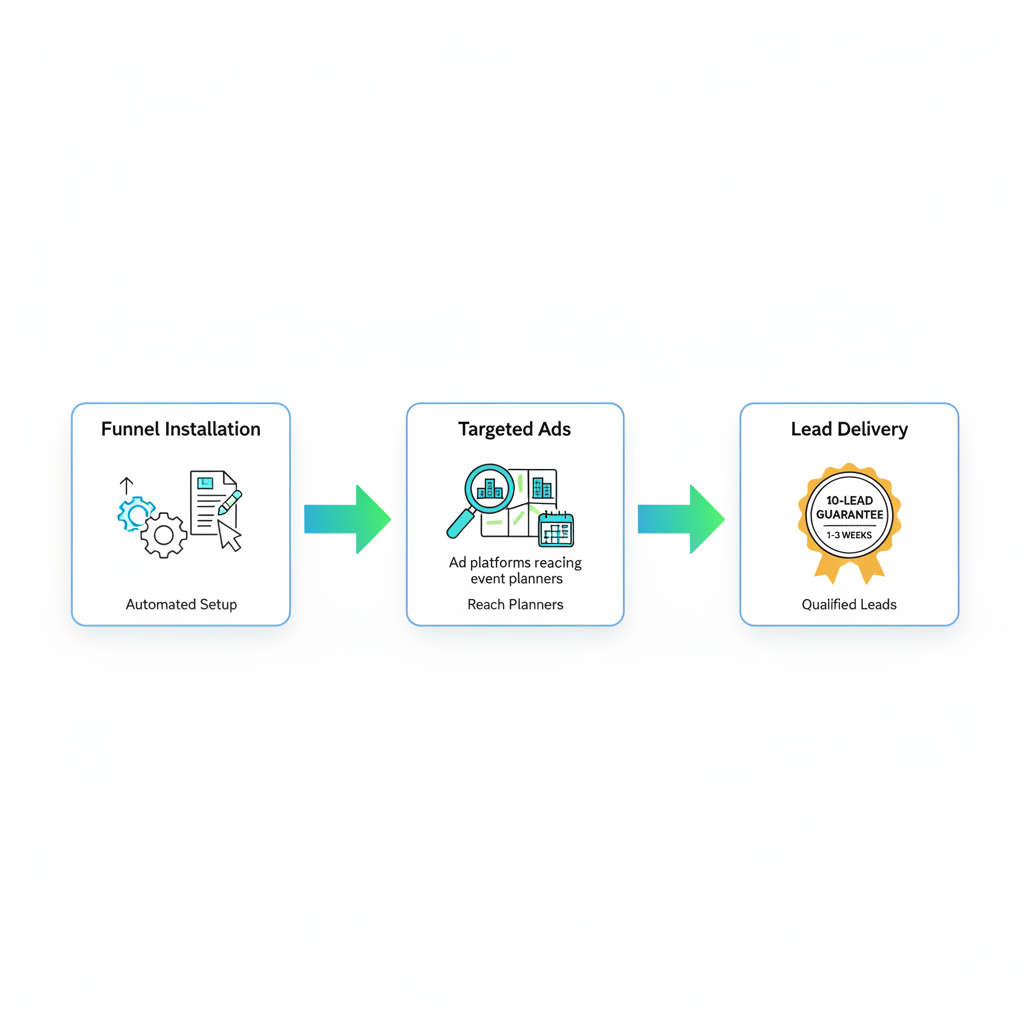 Horizontal process flow diagram illustrating three stages of quick lead generation for catering services: funnel installation, targeted ads, and lead delivery.