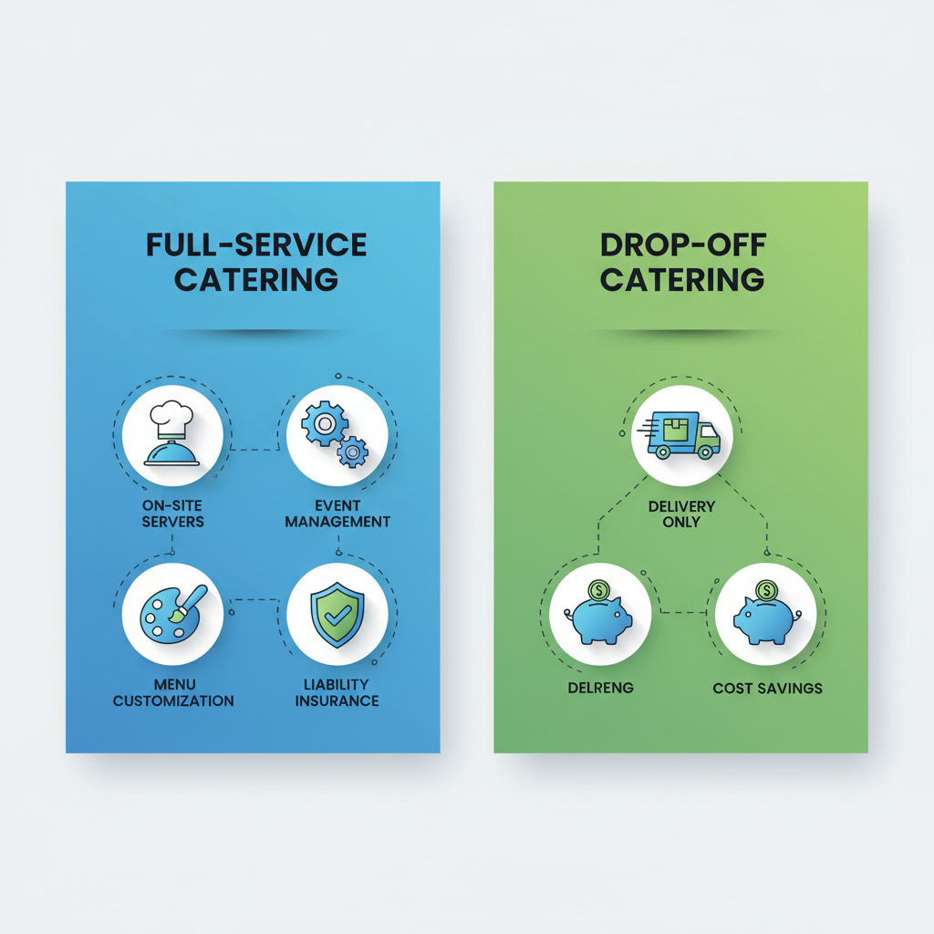 Side-by-side infographic comparing full-service and drop-off catering services with icons and key benefits