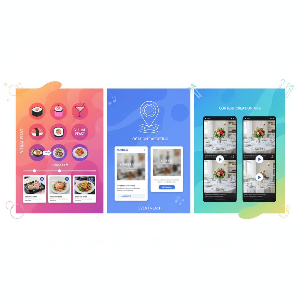Infographic illustrating key social media platforms for catering advertising including Instagram, Facebook, and TikTok with tips.
