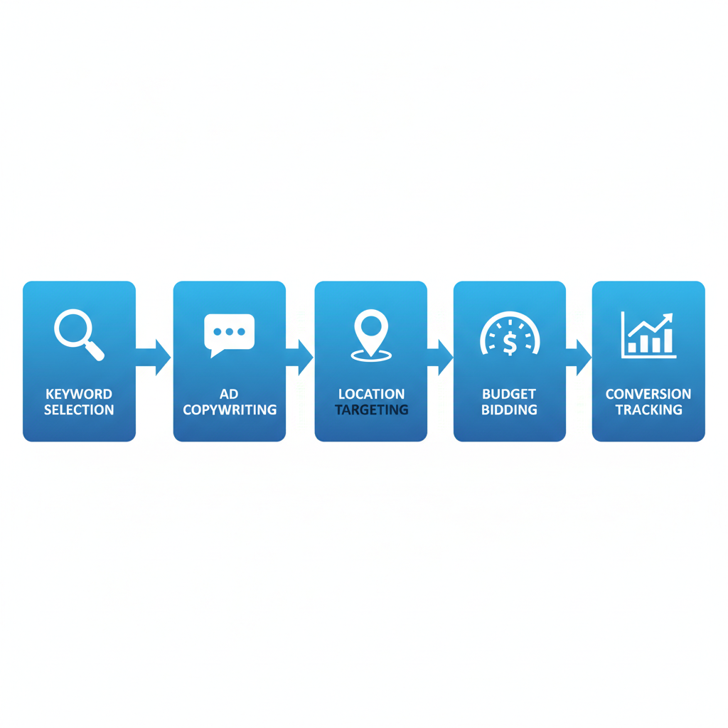 Horizontal process flow diagram illustrating five steps for paid search advertising in catering: keyword selection with search icon, ad copywriting with text bubble, location targeting with map pin, budget and bidding setup with dollar gauge, and conversion tracking with analytics chart.