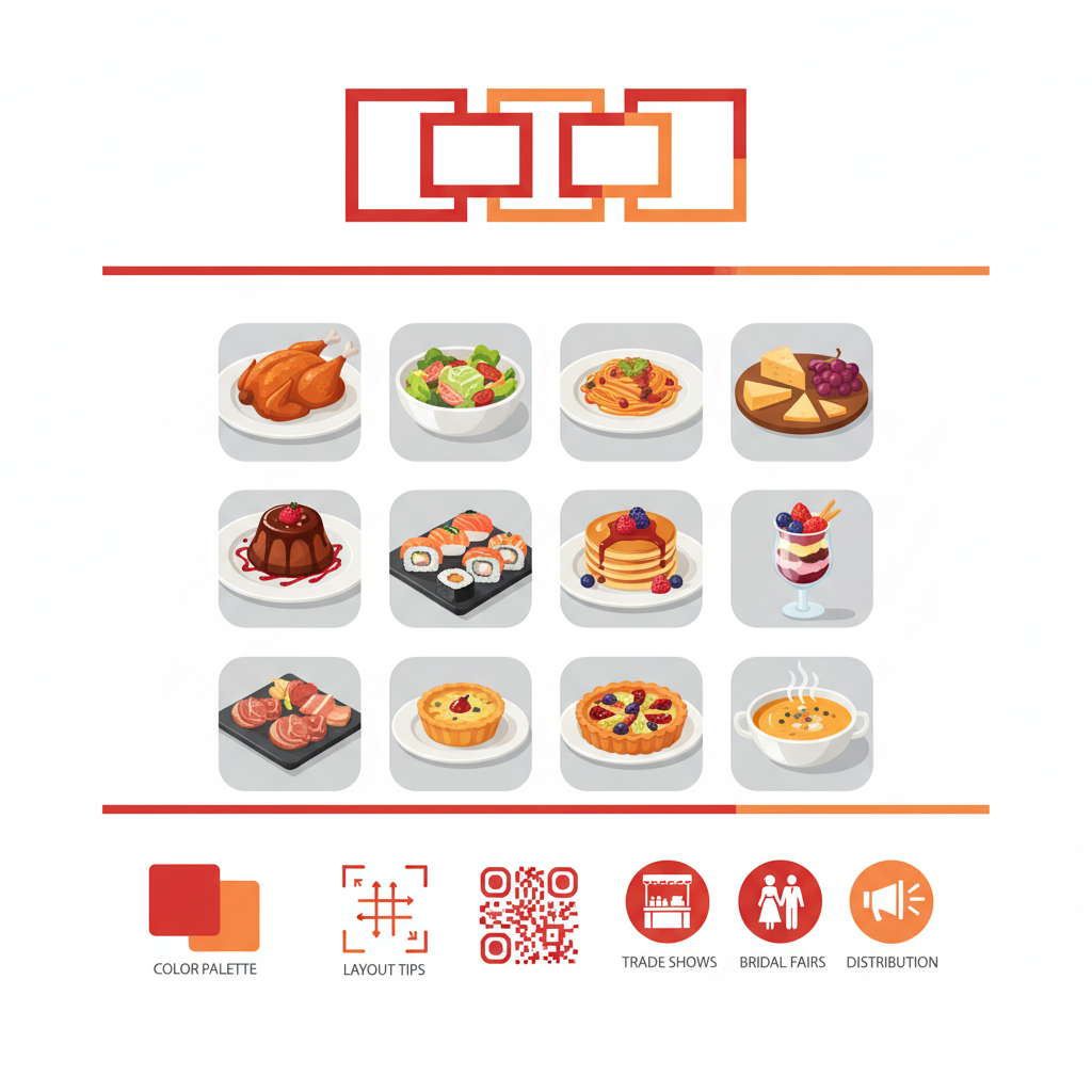 Infographic showing design elements for effective catering flyers including headline visuals, food icons, layout tips, color schemes, QR code, and distribution channels.