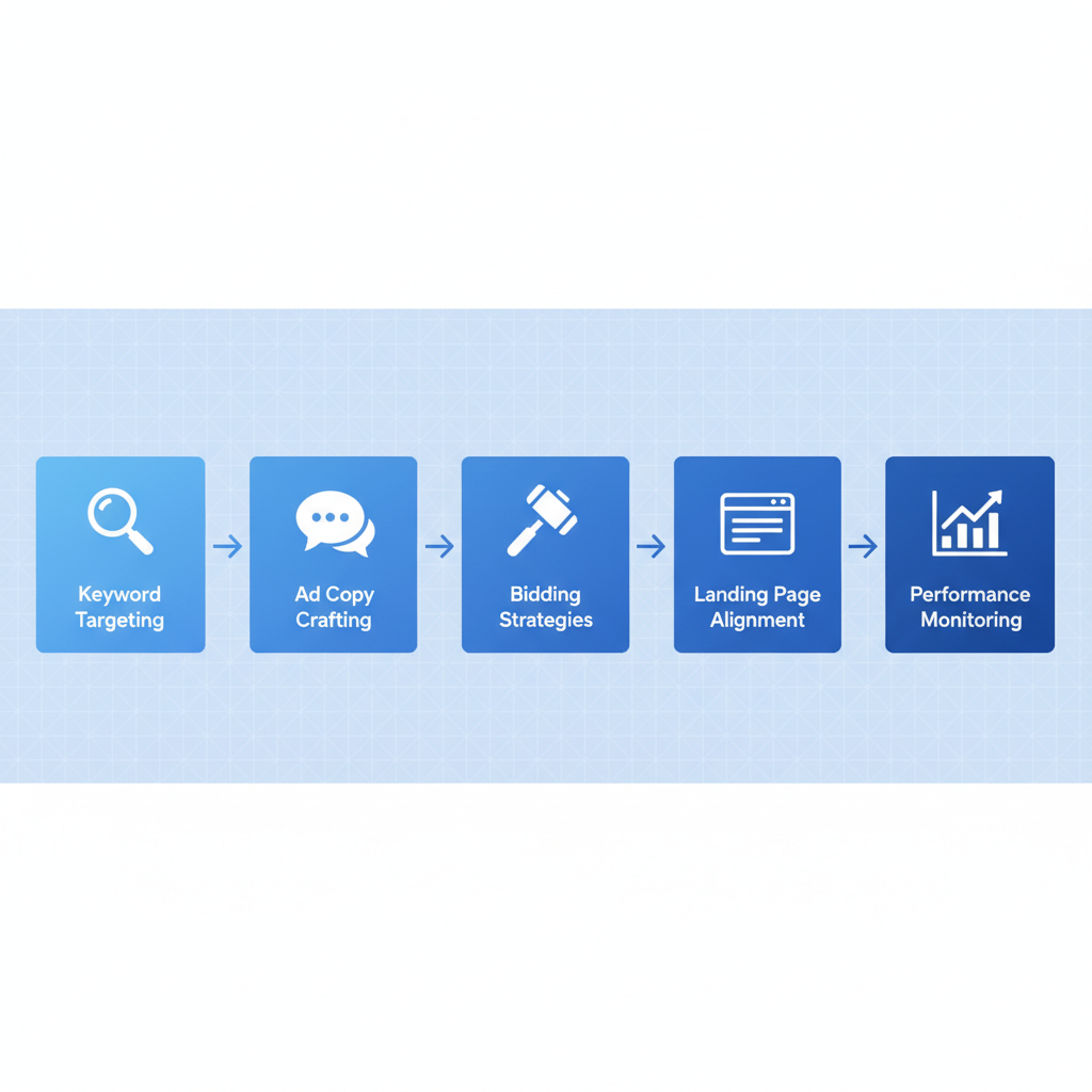 Horizontal process flow diagram showing five steps to run Google Ads campaigns for catering businesses: keyword targeting, ad copy crafting, bidding strategies, landing page alignment, and performance monitoring.
