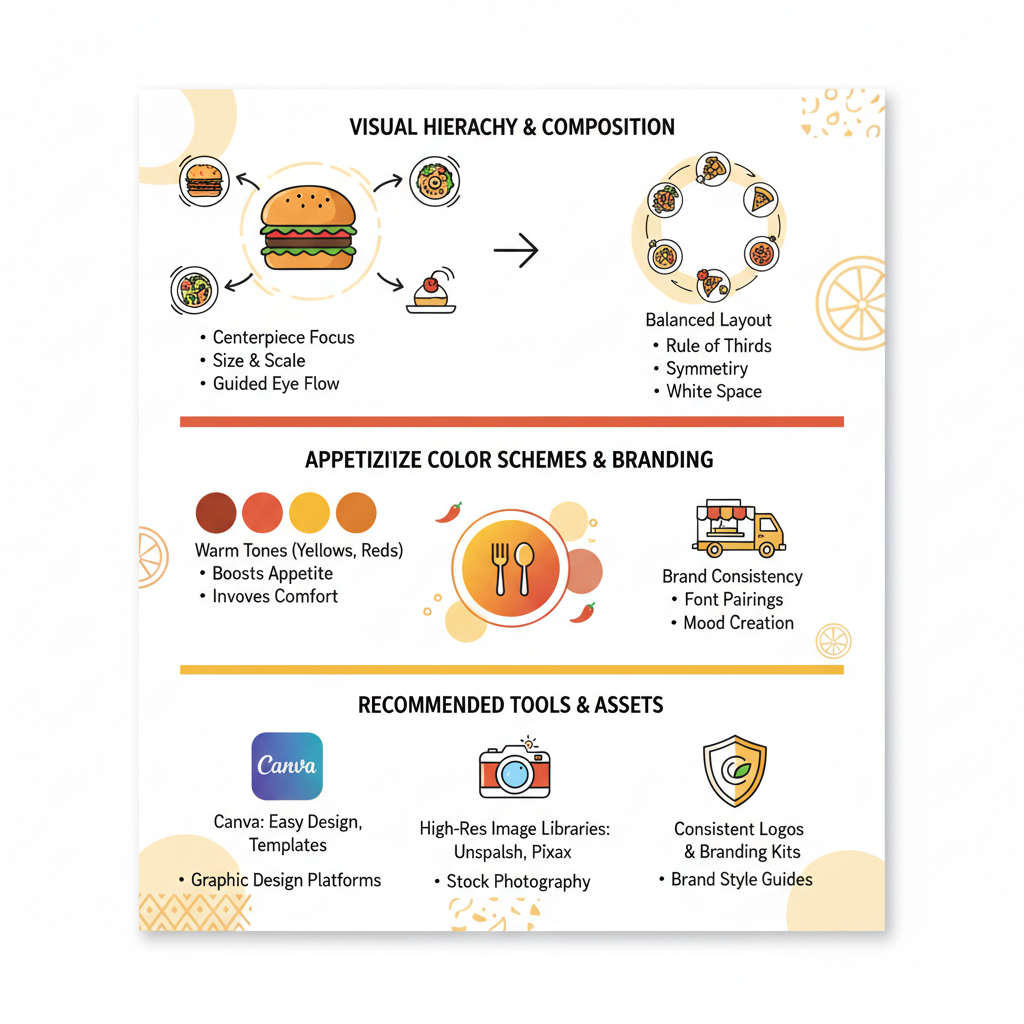Infographic showing principles for creating visually appealing catering ads with hierarchy, colors, and tools like Canva.