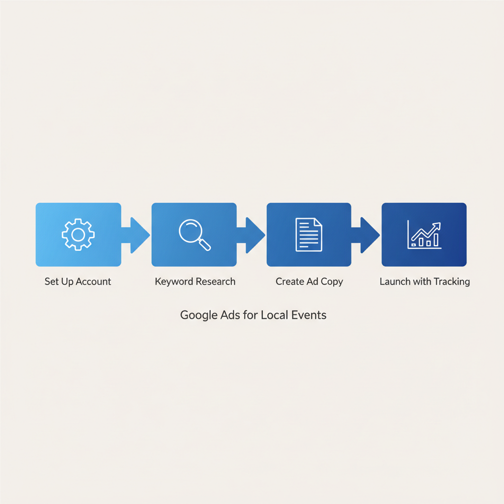 Horizontal process flow diagram illustrating four steps to launch Google Ads for local catering events