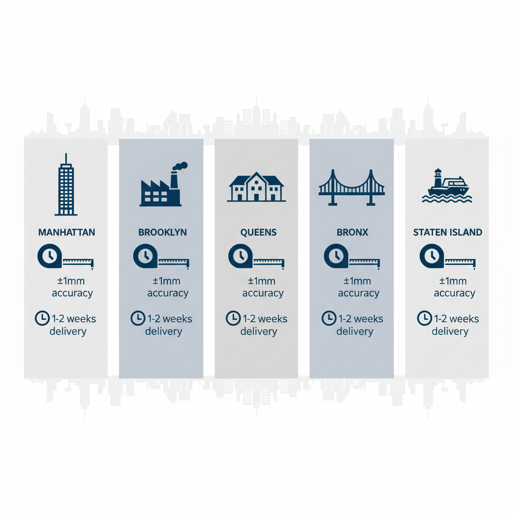 Infographic depicting 3D laser scanning applications in New York City boroughs with icons, precision levels, and delivery times