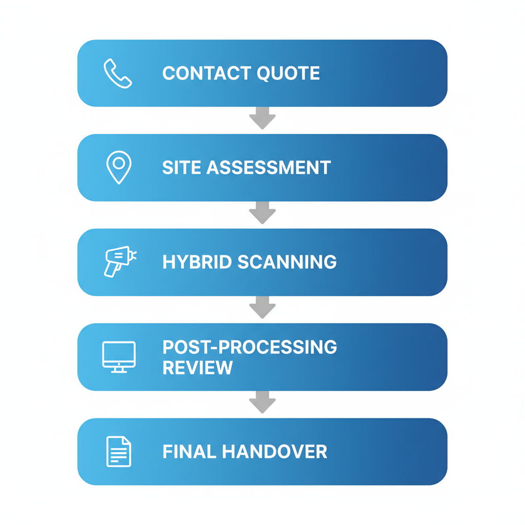Vertical process flow diagram illustrating the five key steps to initiate a 3D laser scanning project in New York City, featuring icons and minimal labels.