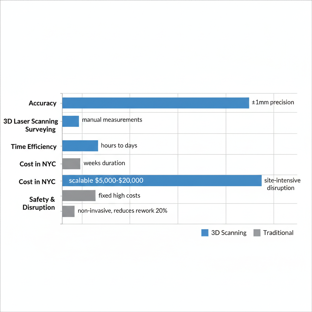 Bar chart illustrating advantages of 3D laser scanning over traditional surveying in NYC construction projects