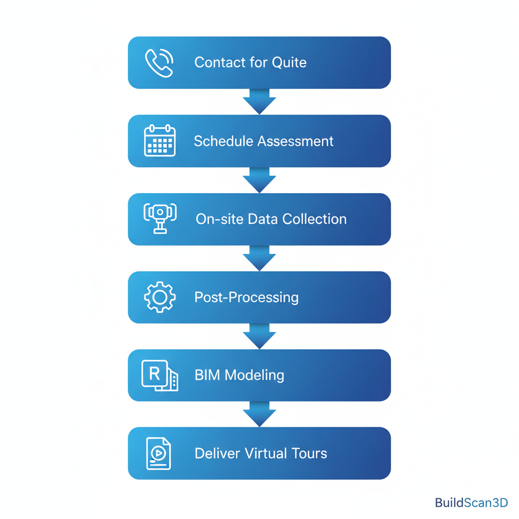 Vertical process flow diagram illustrating the six steps to initiate a 3D building scanning project in NYC
