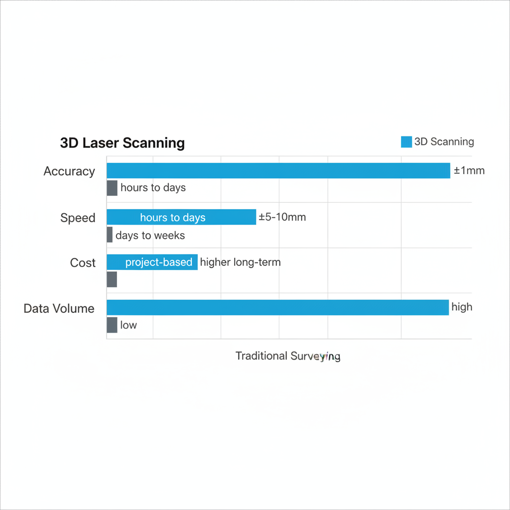 Horizontal bar chart comparing 3D laser scanning and traditional surveying on accuracy, speed, cost, and data volume.