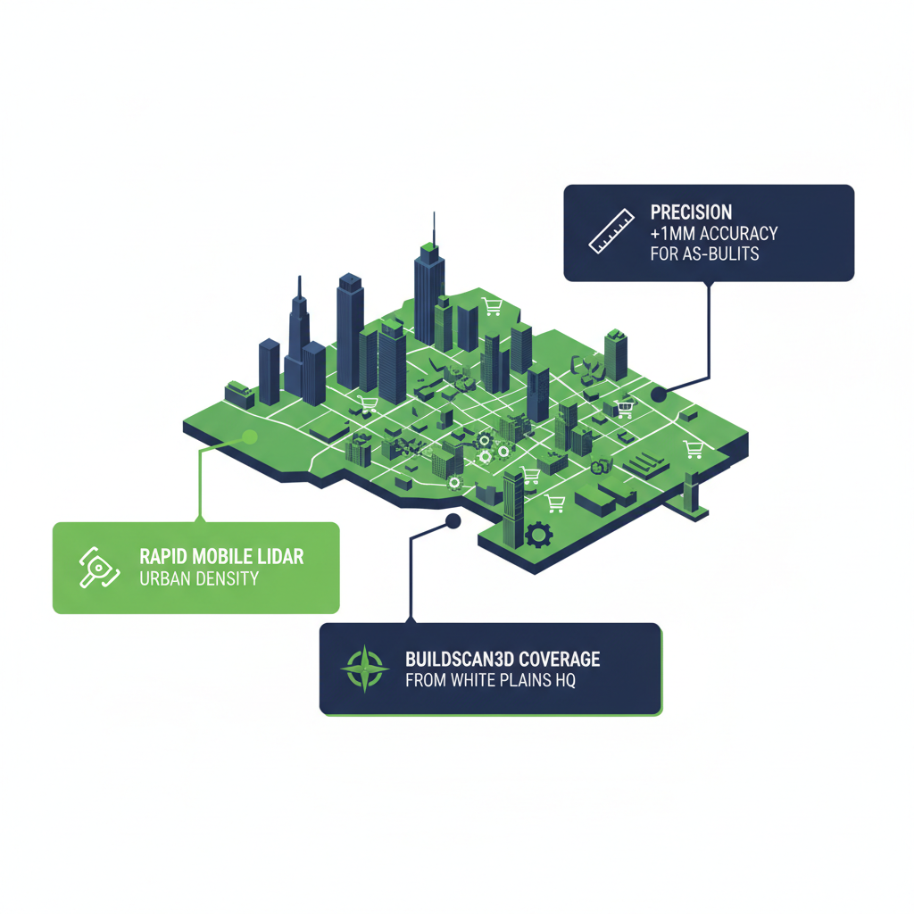 Infographic depicting NYC borough map with construction icons and 3D scanning benefits including precision accuracy and mobile LiDAR coverage