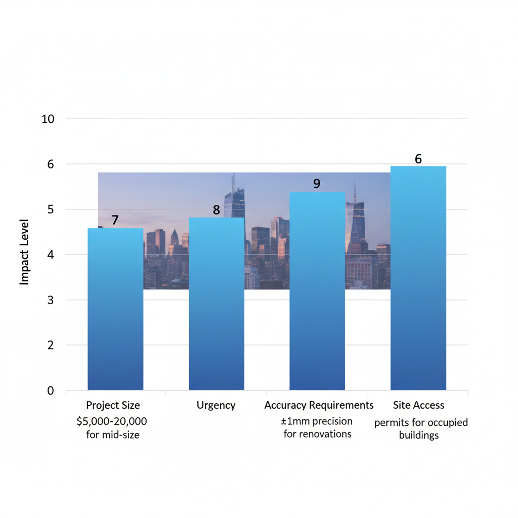 Bar chart showing key factors impacting 3D laser scanning projects in New York City, including project size, urgency, accuracy, and site access.