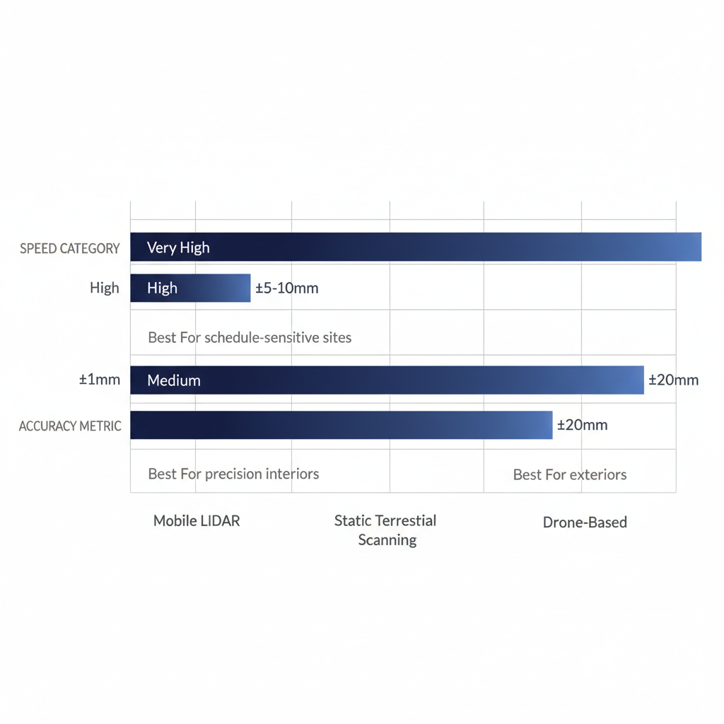 Horizontal bar chart comparing Mobile LiDAR, Static Terrestrial Scanning, and Drone-Based 3D laser scanning methods by speed and accuracy levels.