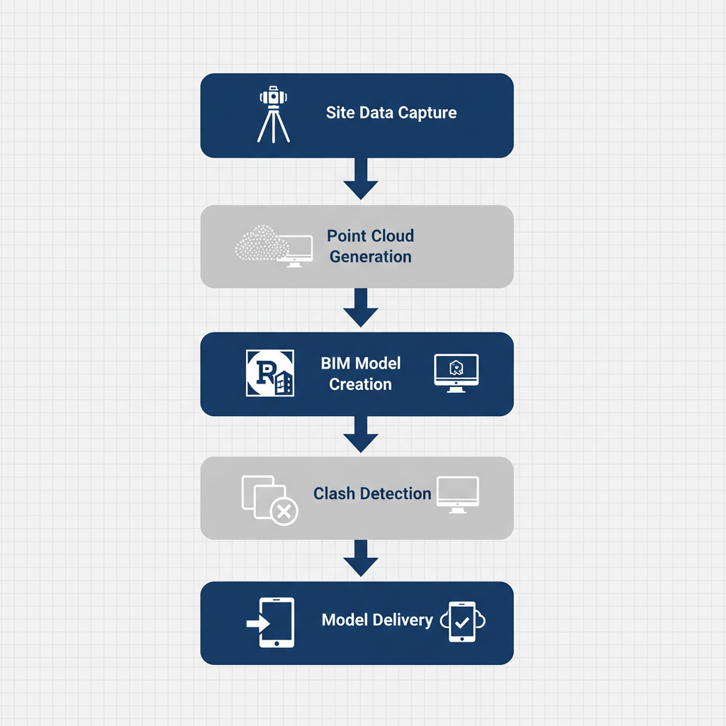 Vertical process flow diagram illustrating five steps of scan-to-BIM workflow: site data capture, point cloud generation, BIM model creation, clash detection, and model delivery.