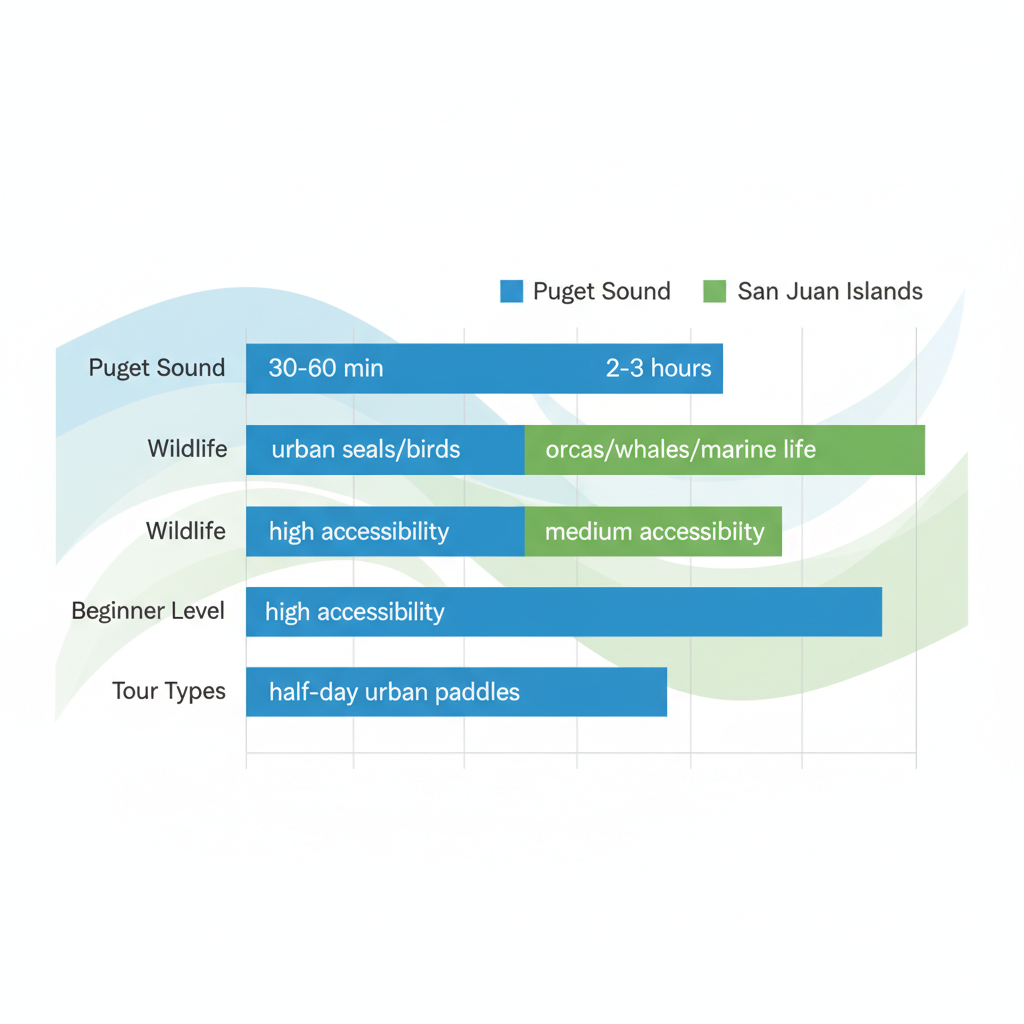 Horizontal bar chart comparing kayaking areas in Puget Sound and San Juan Islands near Seattle, highlighting distance, wildlife, beginner levels, and tour options.