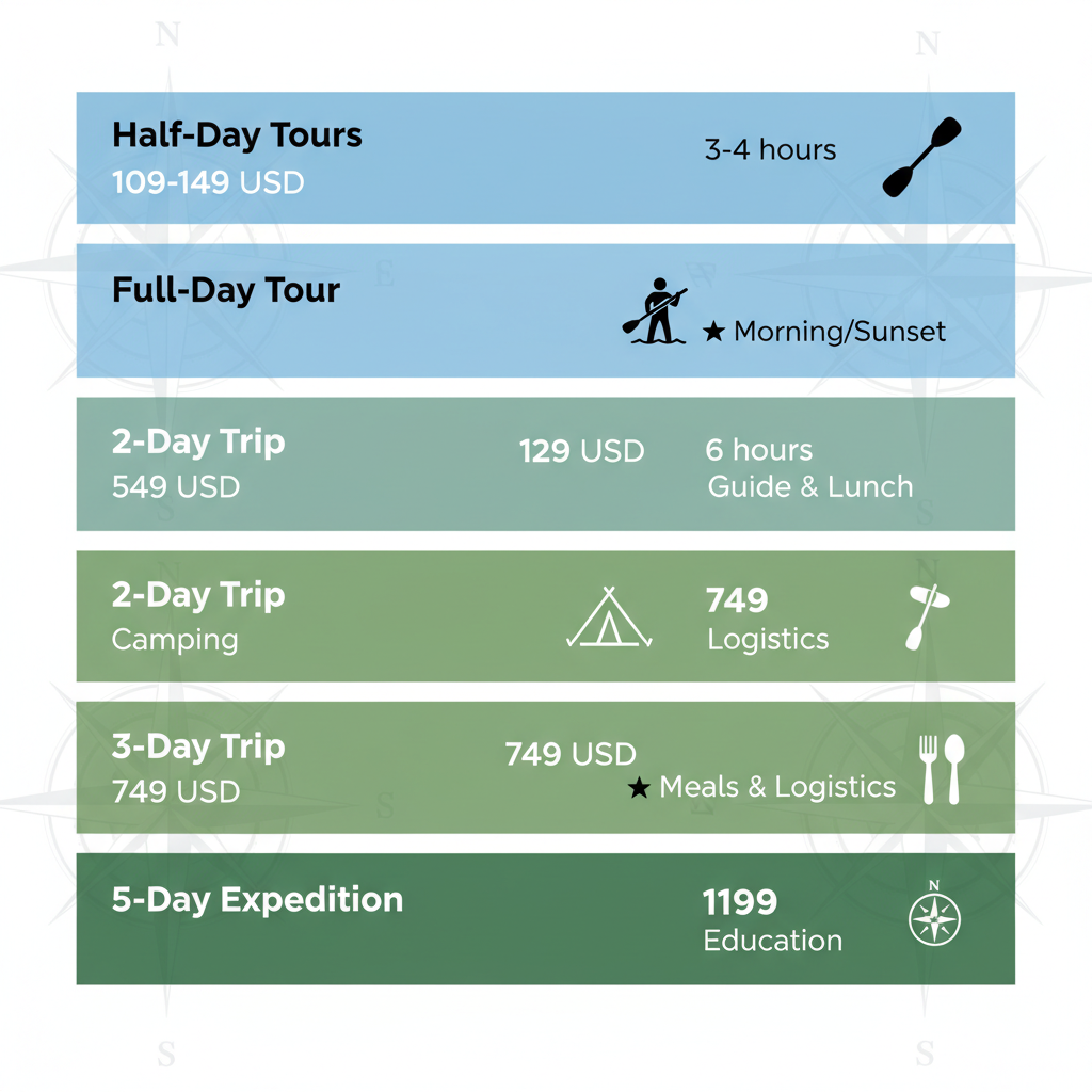 Infographic depicting kayak tour options including half-day, full-day, multi-day expeditions with prices, durations, and inclusions from Friday Harbor.