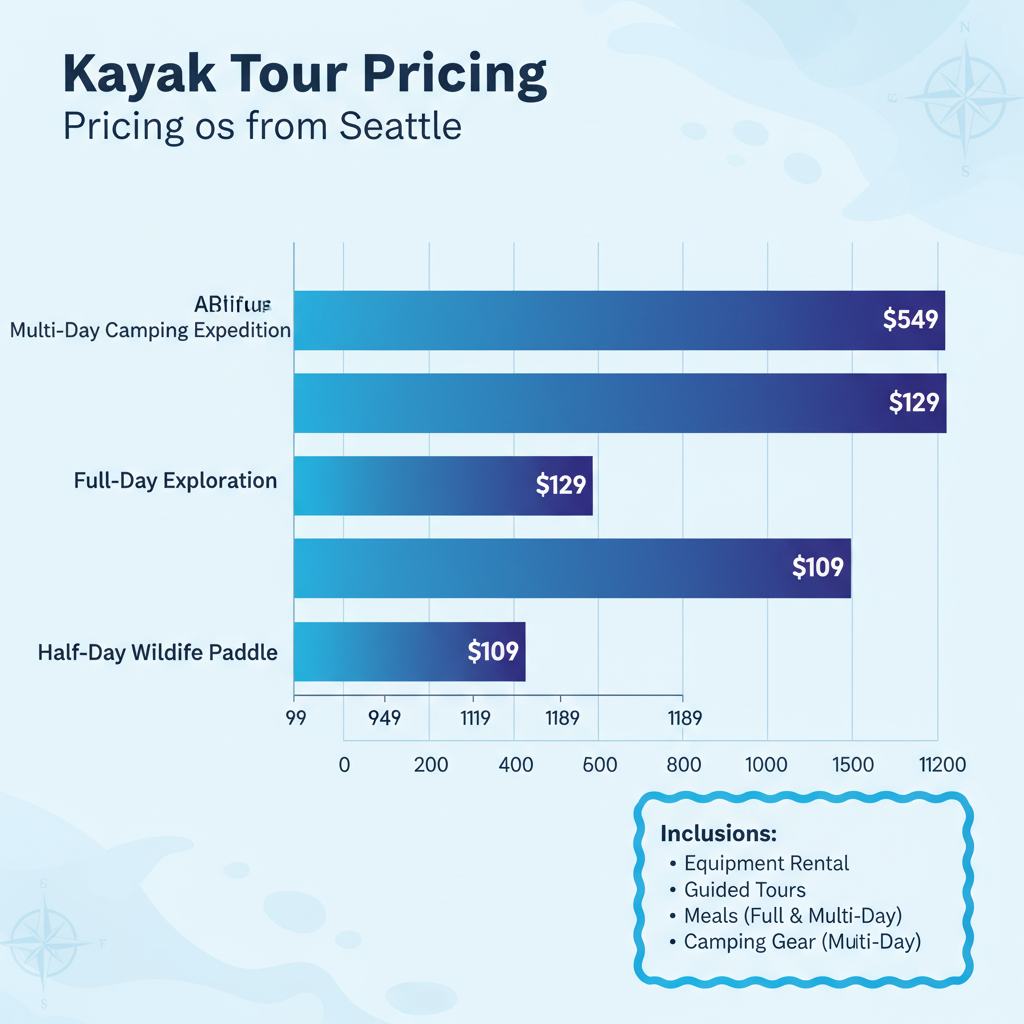 Bar chart displaying pricing for half-day, full-day, and multi-day kayak tours from Seattle.