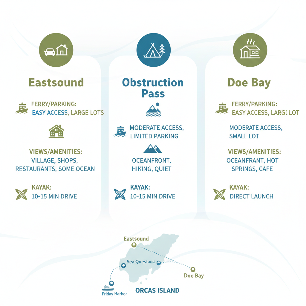 Infographic depicting comparison of rental areas on Orcas Island including accessibility, views, amenities, and kayak proximity.