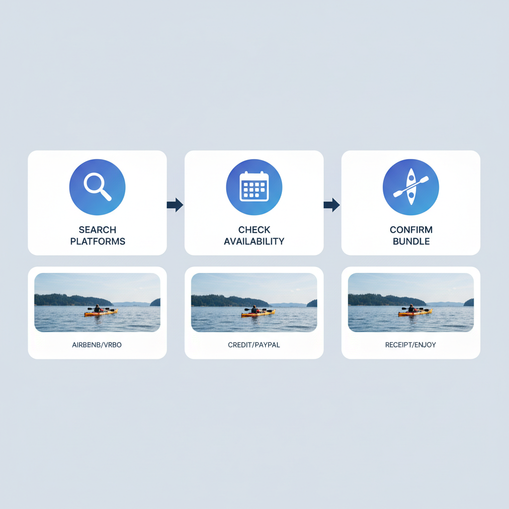 Horizontal process flow diagram illustrating four steps to book Orcas Island vacation rentals and bundle with kayak tours