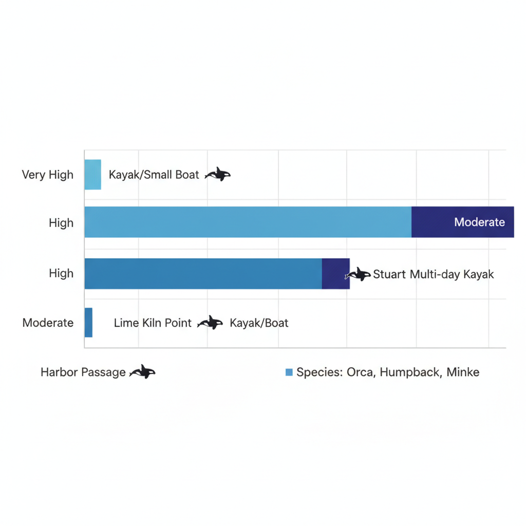 Horizontal bar chart comparing whale watching hotspots in San Juan Islands with sighting frequencies and kayak suitability notes
