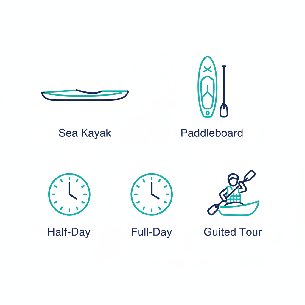 Icons of sea kayak, paddleboard, half-day rental, full-day rental, and guided tour options for Friday Harbor kayak rentals