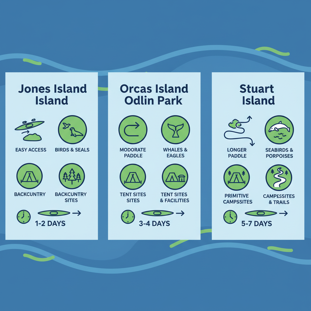 Infographic comparing Jones Island, Orcas Island Odlin Park, and Stuart Island kayak camping spots with access, wildlife, and facilities icons.