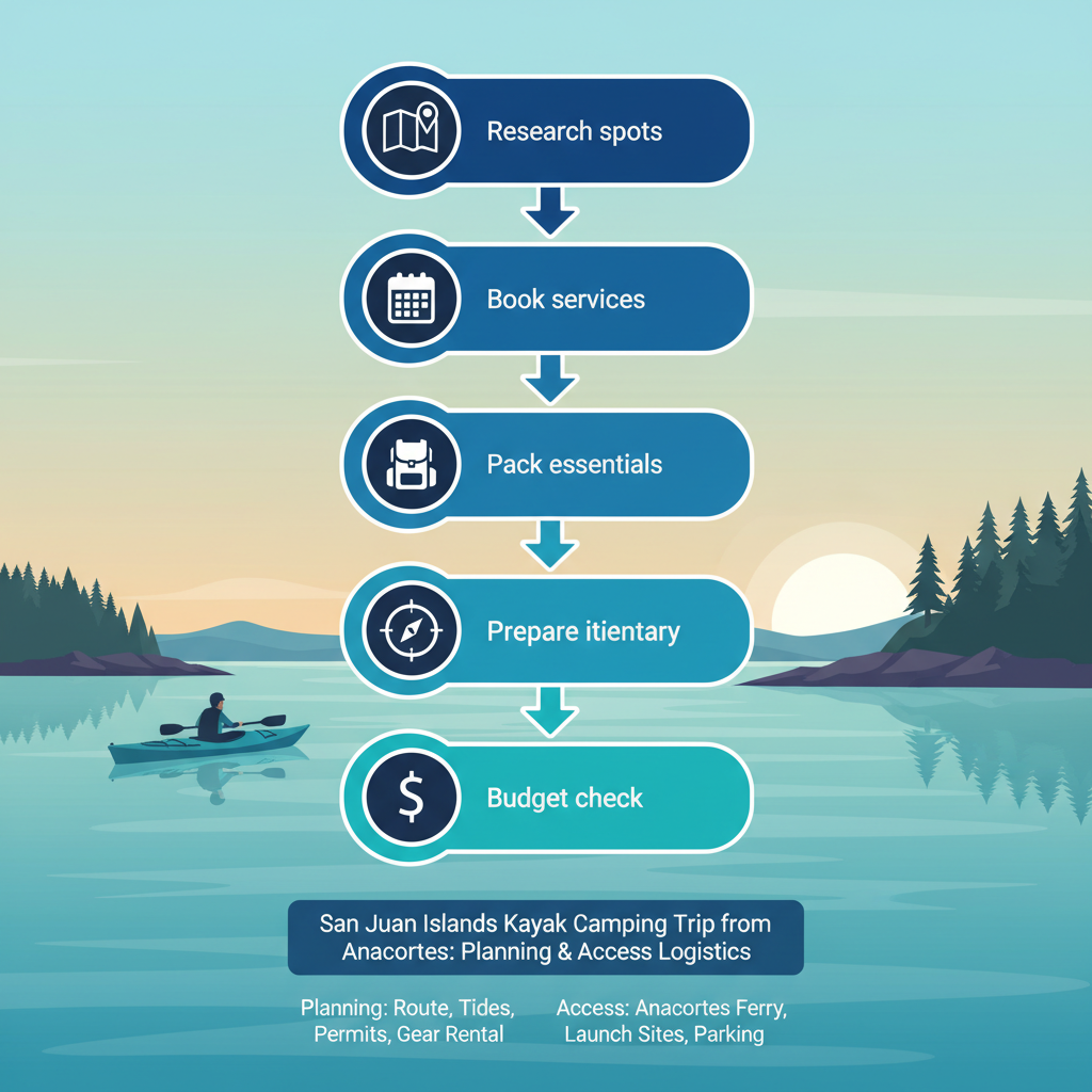 Vertical process flow diagram outlining five key steps to plan a kayak camping trip in the San Juan Islands.