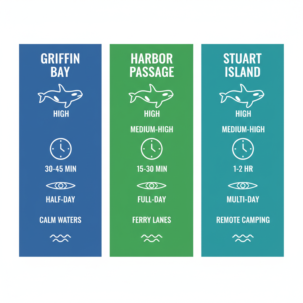 Infographic depicting three key San Juan Islands areas for orca kayaking: Griffin Bay, Harbor Passage, and Stuart Island, featuring icons for whale sightings, travel times, tour types, and special attributes.