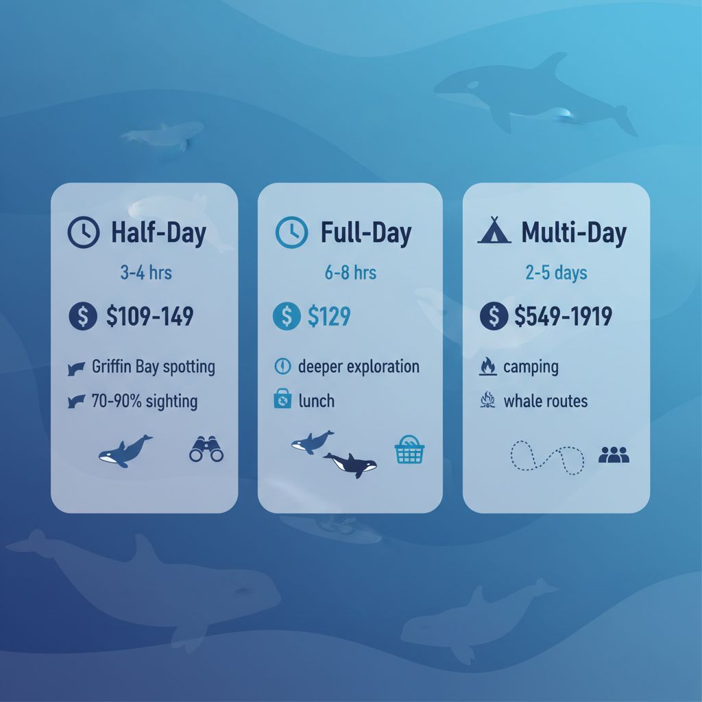 Infographic illustrating Sea Quest's orca viewing kayak tour options including half-day, full-day, and multi-day tours with durations, prices, and sighting rates.