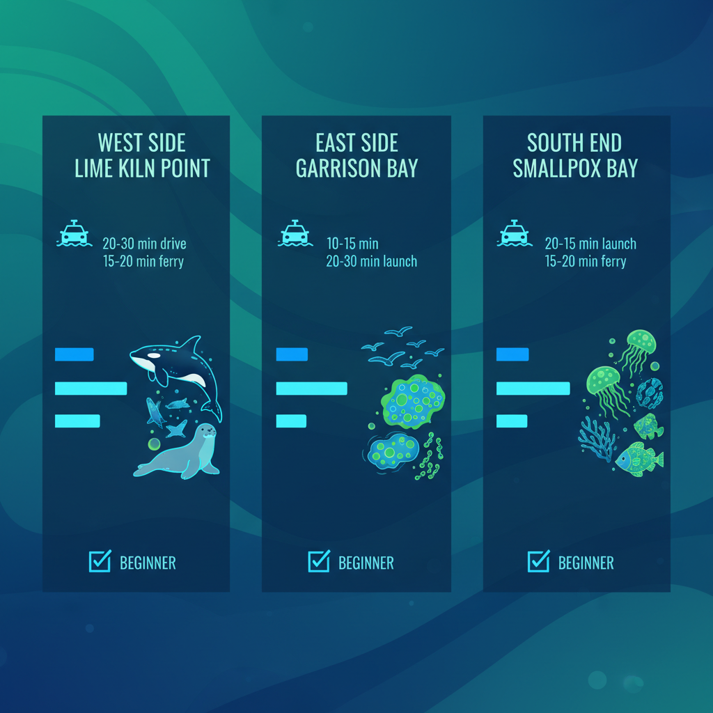 Infographic comparing bioluminescence hotspots in San Juan Islands: West Side, East Side, and South End with accessibility, intensity, wildlife, and beginner suitability.
