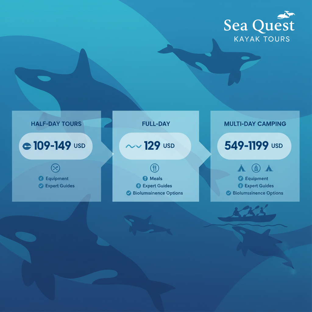 Infographic outlining orca kayak tour options with pricing, durations, and inclusions like equipment and guides.