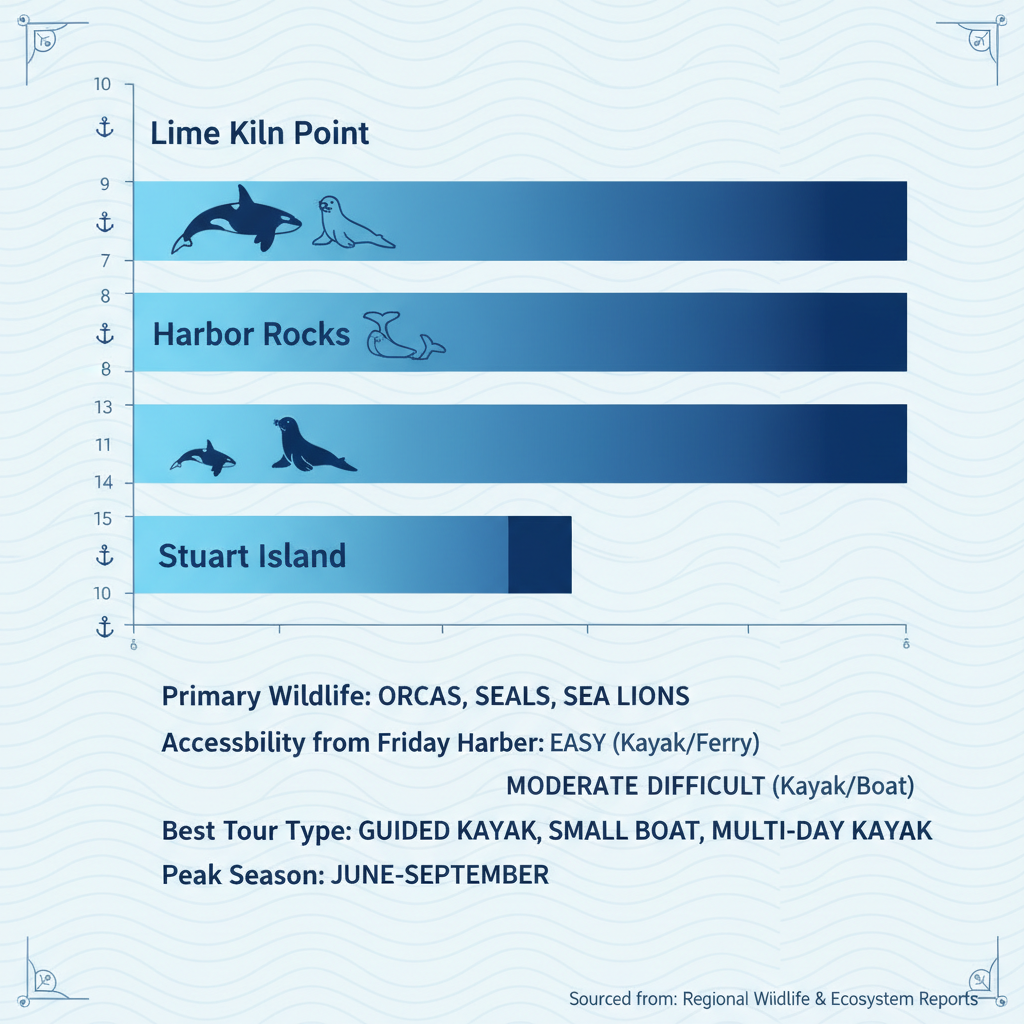 Horizontal bar chart comparing whale watching spots in San Juan Islands with wildlife density ratings and icons.