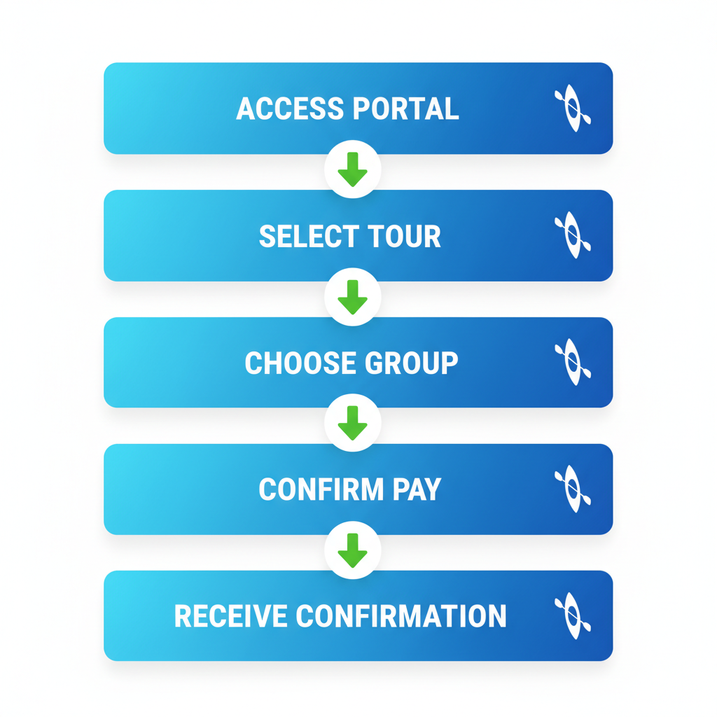 Vertical process flow diagram showing five steps to book a whale watching kayak tour with Sea Quest.