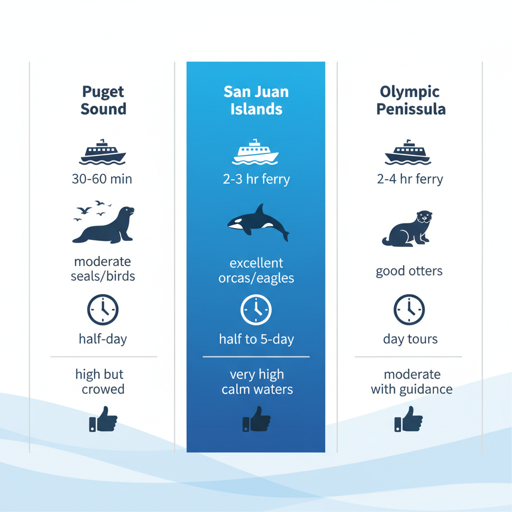 Infographic comparing kayaking areas near Seattle: Puget Sound, San Juan Islands, and Olympic Peninsula across distance, wildlife, durations, and beginner suitability.