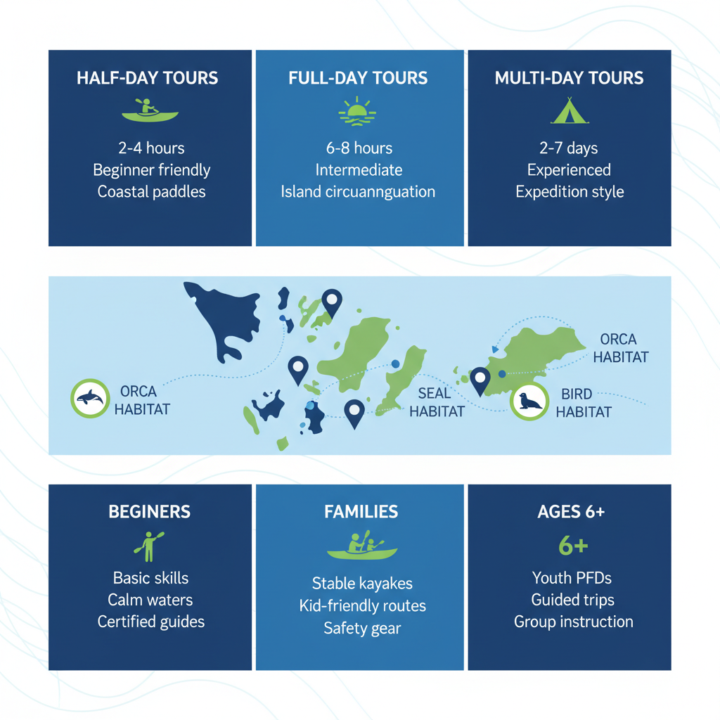 Infographic showing types of kayak tours, key wildlife spots in the Salish Sea, and participant groups for San Juan Islands adventures.