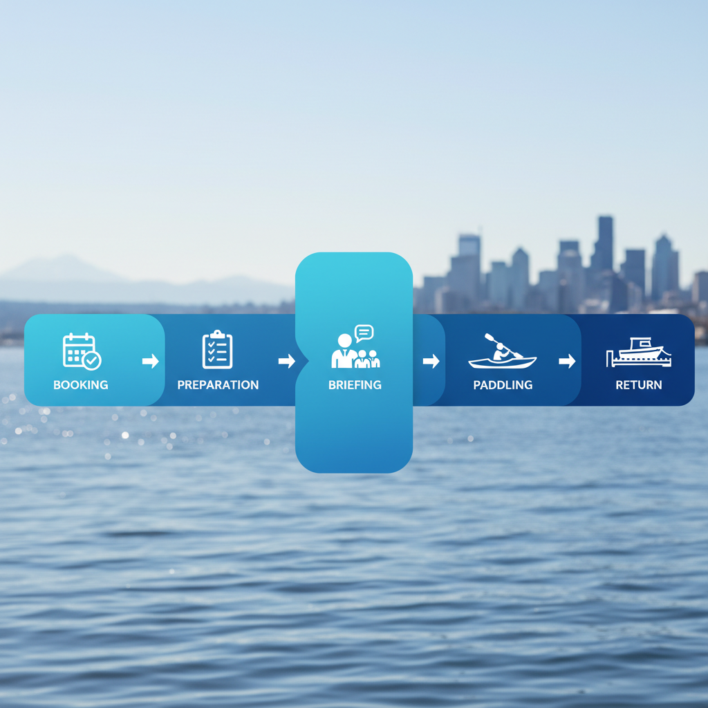 Horizontal process flow diagram illustrating the five stages of guided kayak tours: booking, preparation, briefing, paddling, and return with nautical icons.
