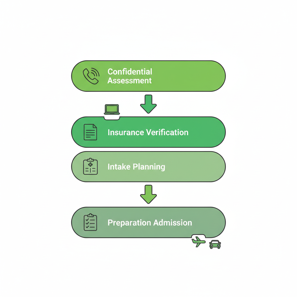Vertical process flow diagram showing four steps to start drug rehab: confidential assessment, insurance verification, intake planning, and preparation admission, with icons and green accents.