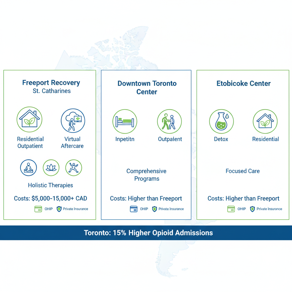 Infographic comparing key features, programs, costs, and insurance of drug rehab centers serving Toronto area, including Freeport Recovery.