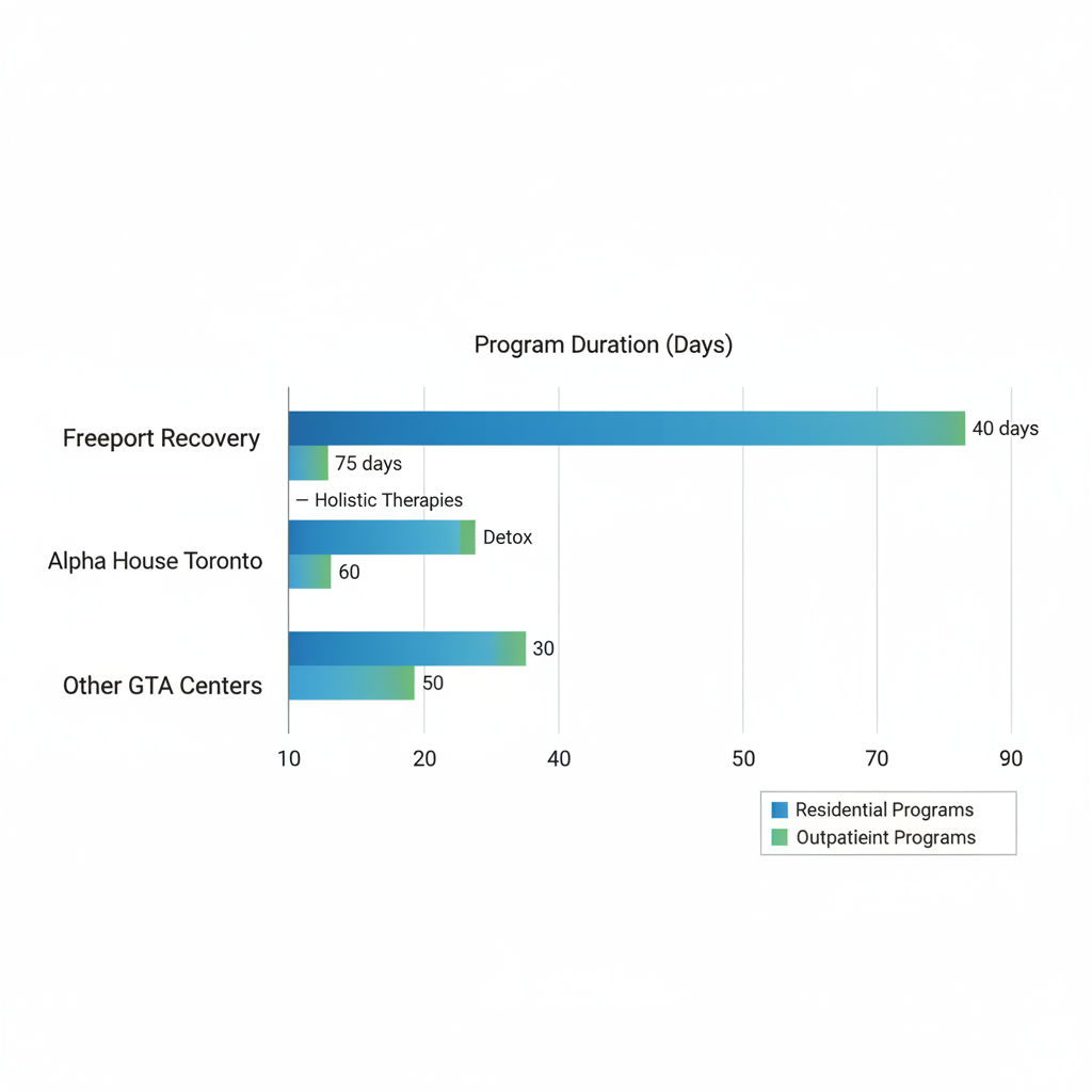 Horizontal bar chart comparing program durations of top drug rehab facilities in Toronto, highlighting residential and outpatient options with specialty labels.