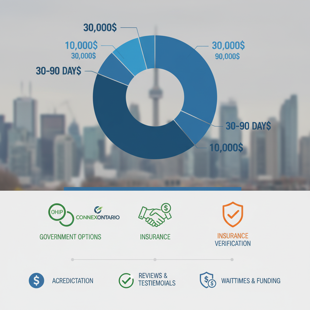 Infographic depicting cost ranges, government funding, insurance options, and tips for drug rehab in Toronto.