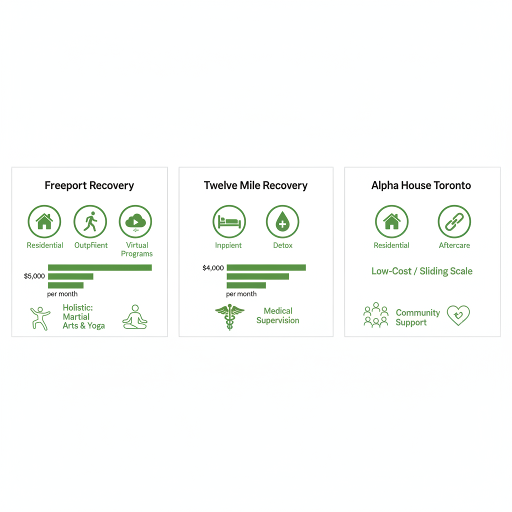 Infographic comparing three top rehab centers near Toronto: Freeport Recovery, Twelve Mile Recovery, and Alpha House, showing programs, costs, and unique features.