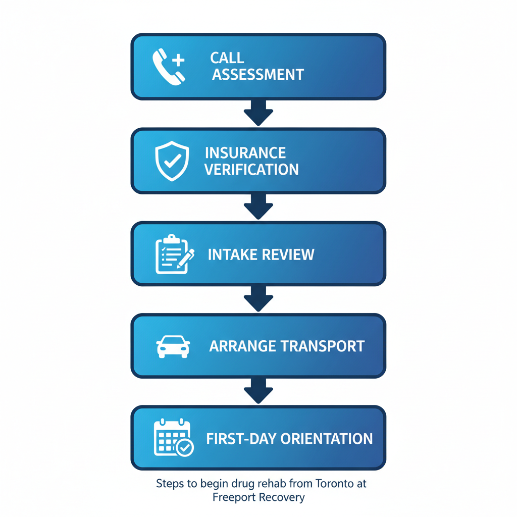 Vertical process flow diagram illustrating five key steps to start drug rehab from Toronto: call for assessment, insurance verification, intake, transportation arrangement, and orientation.