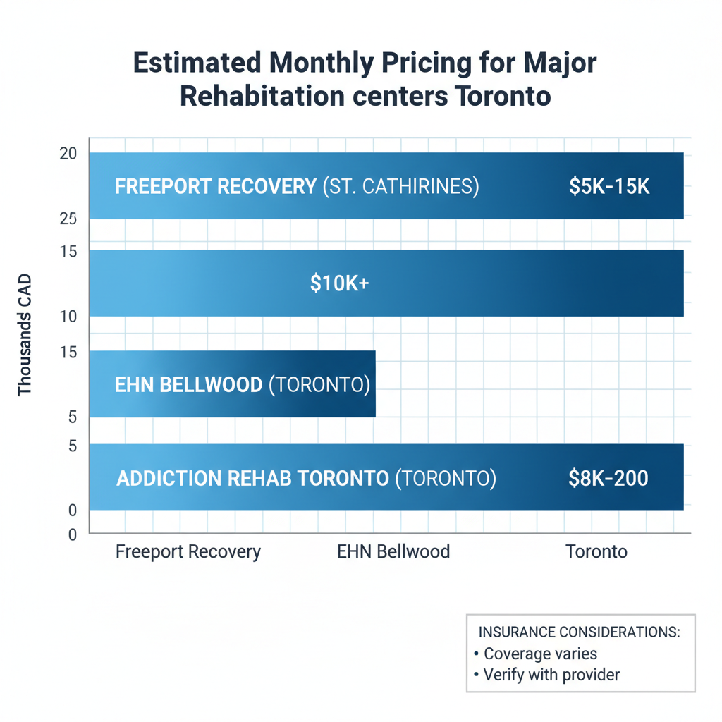 Bar chart comparing estimated monthly pricing for major rehab centers serving the Toronto area, including Freeport Recovery, EHN Bellwood, and Addiction Rehab Toronto.