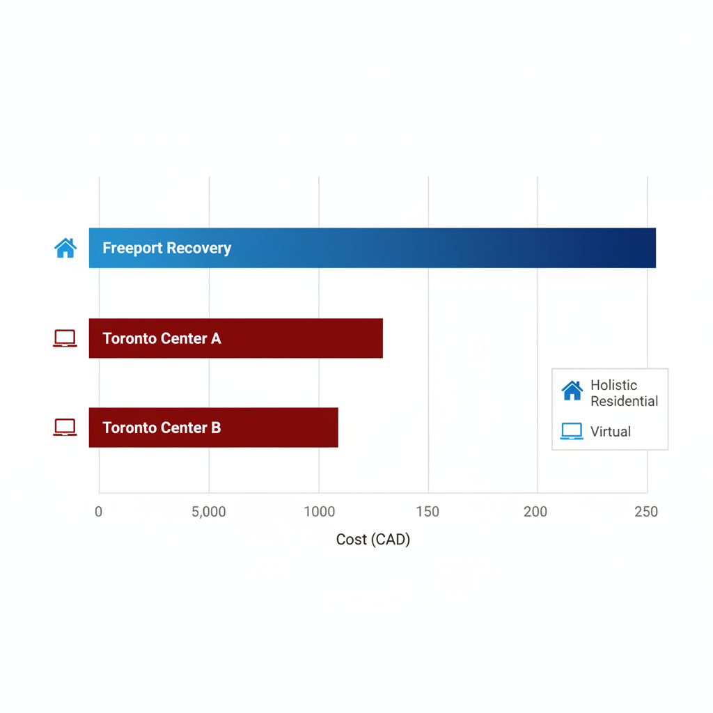Horizontal bar chart comparing costs and program types of rehab centers near Toronto, Ontario, Canada