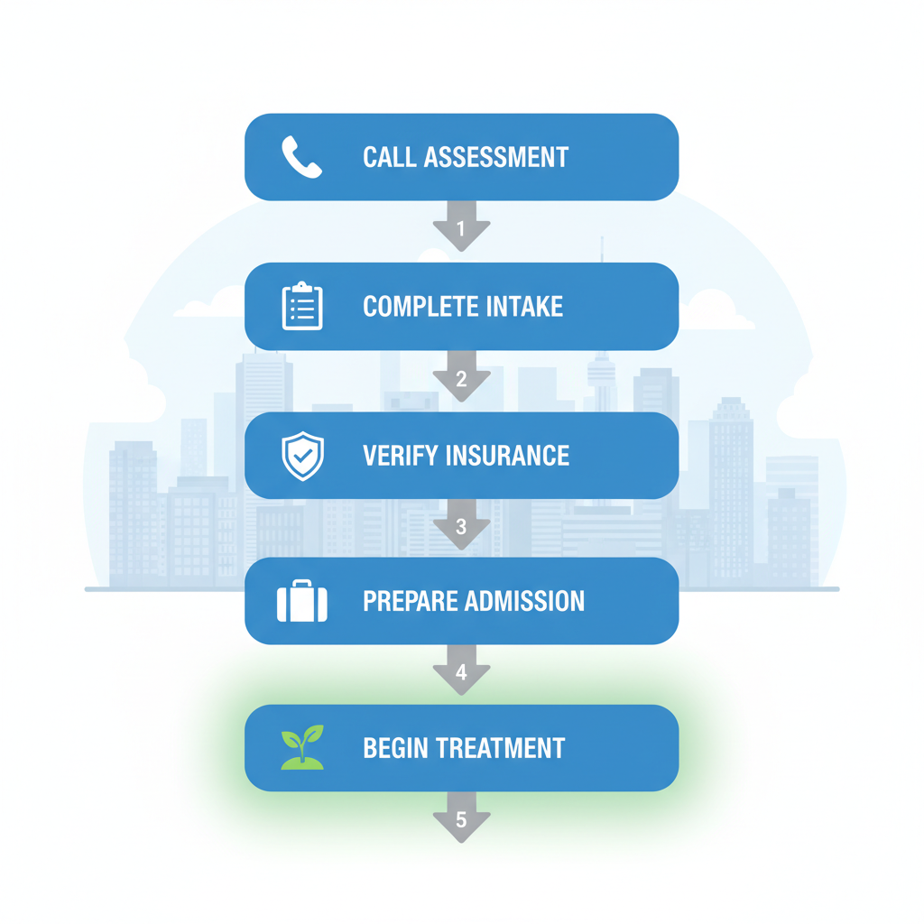 Vertical process flow diagram showing five steps to start addiction recovery from Toronto with icons and labels